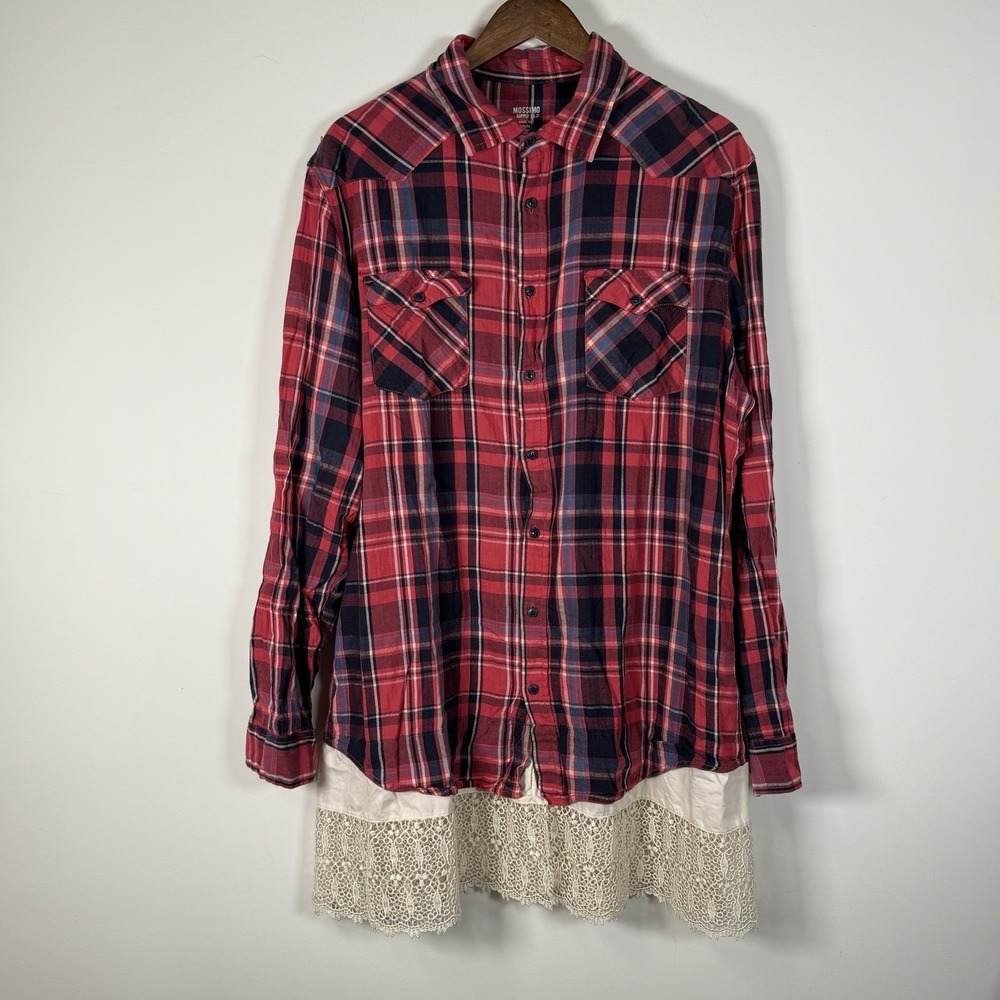 Mission Women's Flannel Large Fashion Lace Long Layered Tunic Baby Red Plaid